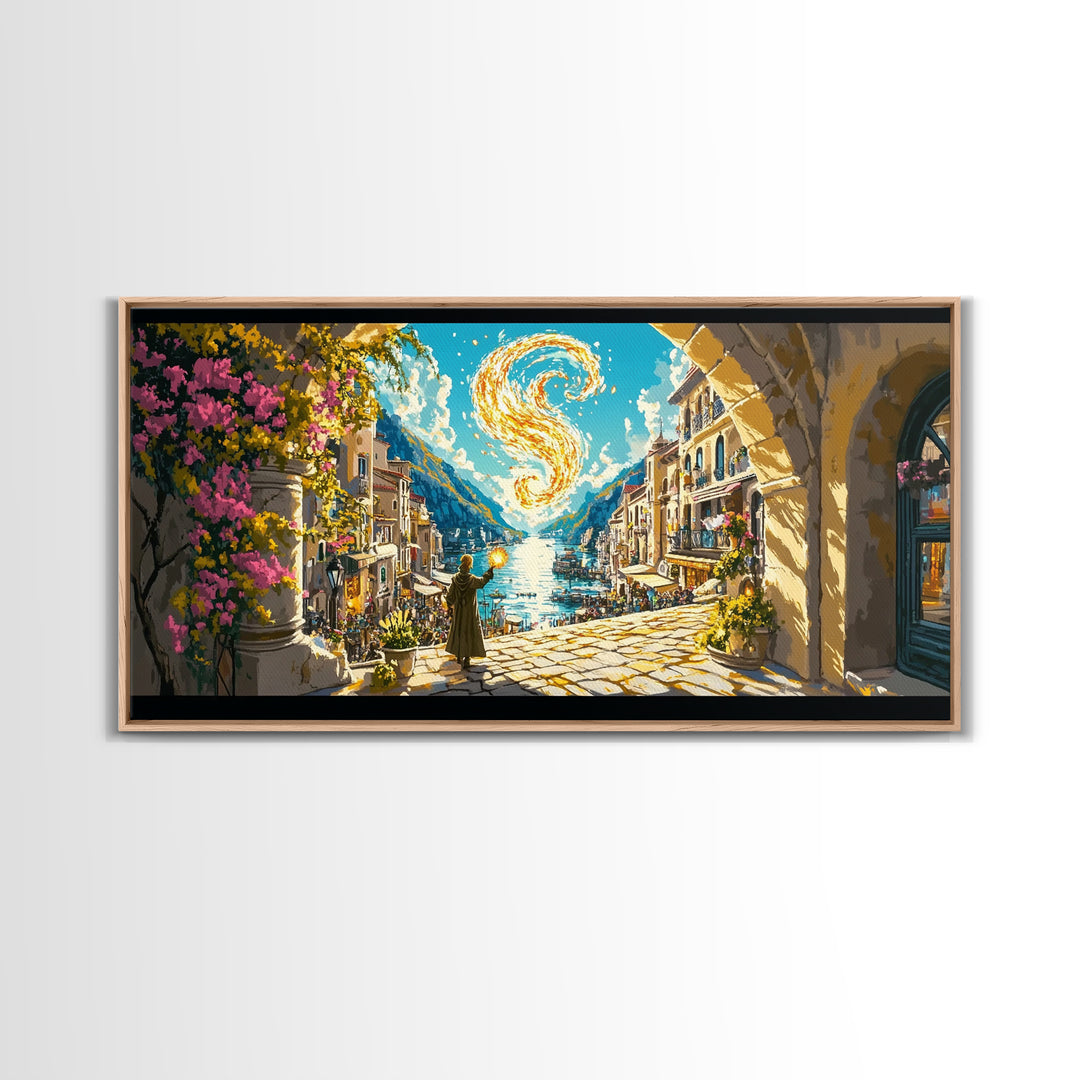 Golden Swirl Over Coastal Village Wall Art, Amalfi Inspired Canvas Print, Mediterranean Travel Poster, Magical Home Decor