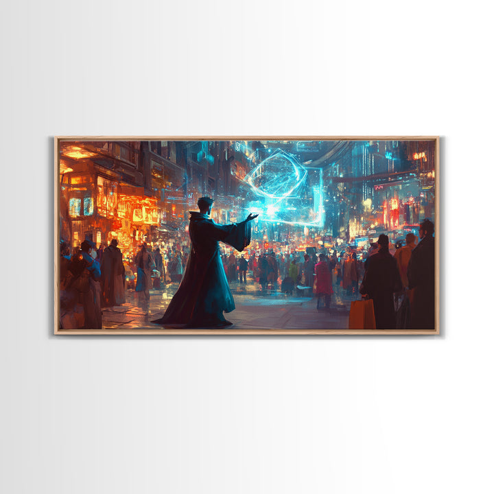 Wizard Casting Hologram In Neon City Wall Art, Cyberpunk Fantasy Canvas Print, Sci Fi Poster, Futuristic Modern Office Decor