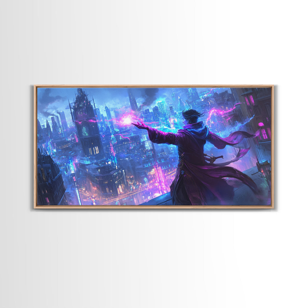 Mage Casting Neon Lightning Over City Wall Art, Cyberpunk Fantasy Canvas Print, Futuristic Skyline, Sci Fi Gamer Room Decor