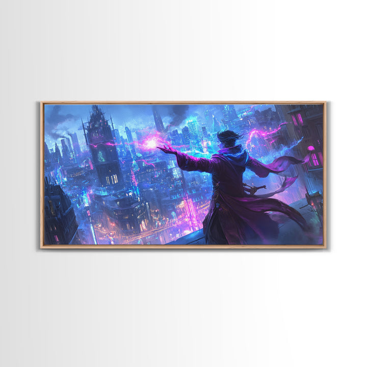 Mage Casting Neon Lightning Over City Wall Art, Cyberpunk Fantasy Canvas Print, Futuristic Skyline, Sci Fi Gamer Room Decor
