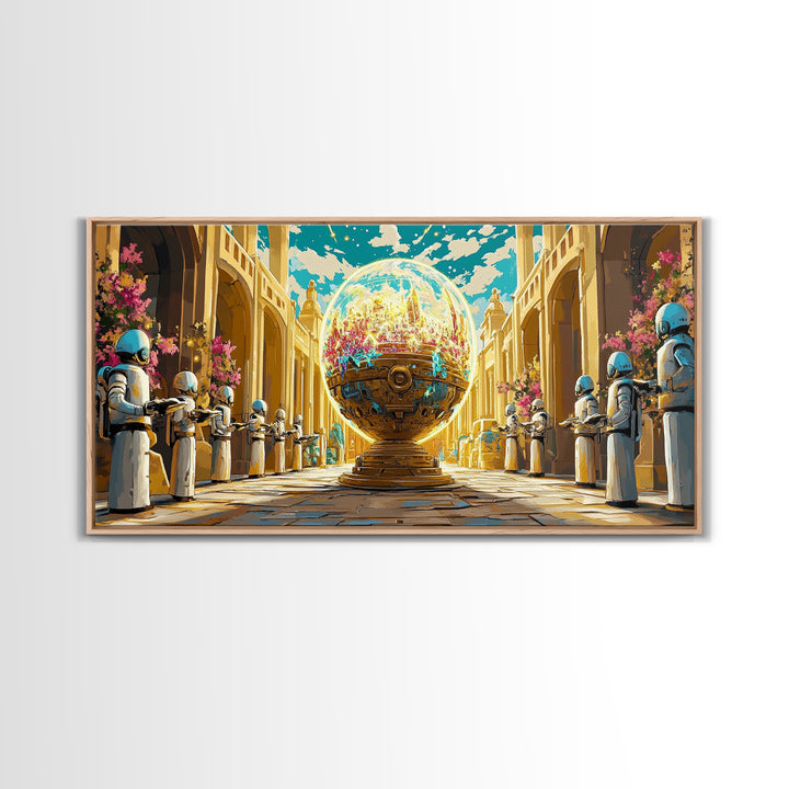 Golden Orb Palace With Futuristic Guards Wall Art, Sci Fi Fantasy Canvas Print, Maximalist Cityscape, Unique Art Home Decor