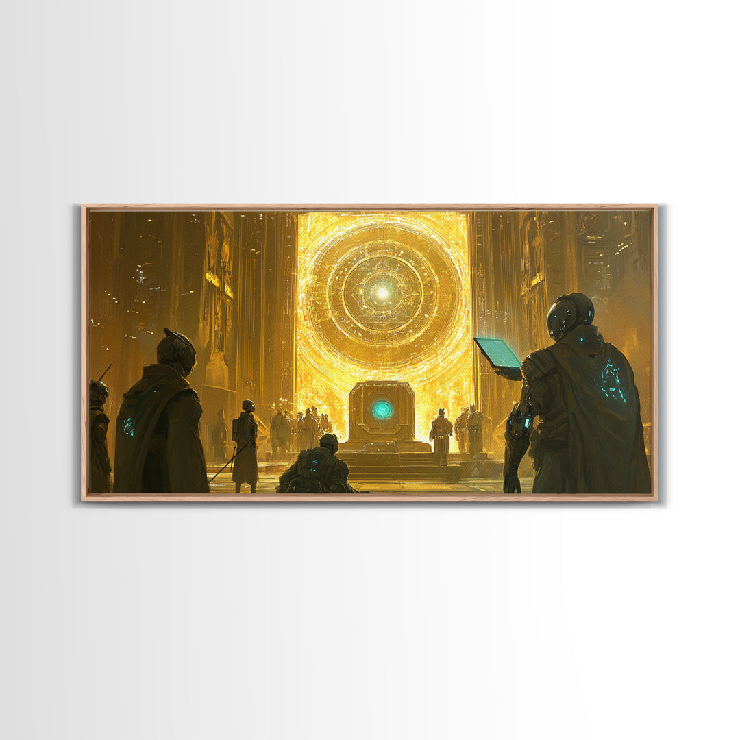 Radiant Cosmic Portal Hall With Astronauts Wall Art, Golden Sci Fi Canvas Print, Futuristic Temple, Celestial Statement Home Decor