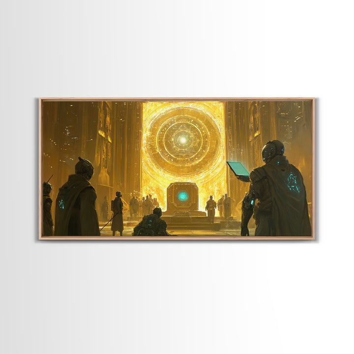 Radiant Cosmic Portal Hall With Astronauts Wall Art, Golden Sci Fi Canvas Print, Futuristic Temple, Celestial Statement Home Decor