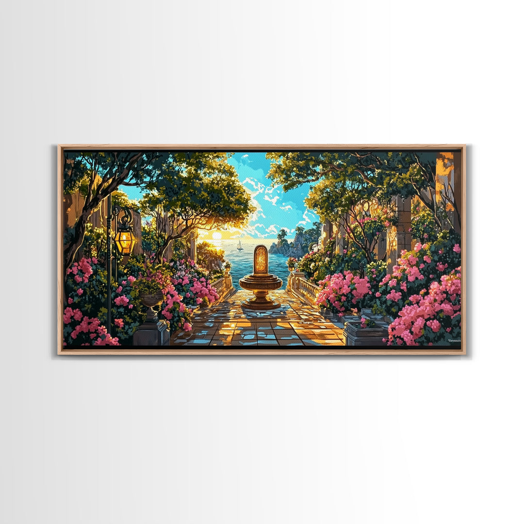 Sunlit Mediterranean Garden Fountain Canvas Print, Coastal Wall Art, Fantasy Landscape Art, Living Room Decor, Housewarming Gift
