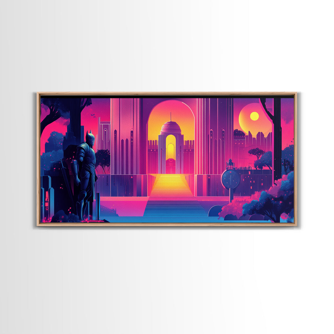 Neon Magenta Palace Guardian Canvas Print, Retro Futuristic Wall Art, Cyberpunk Decor, Gaming Room Art, Modern Gift For Him