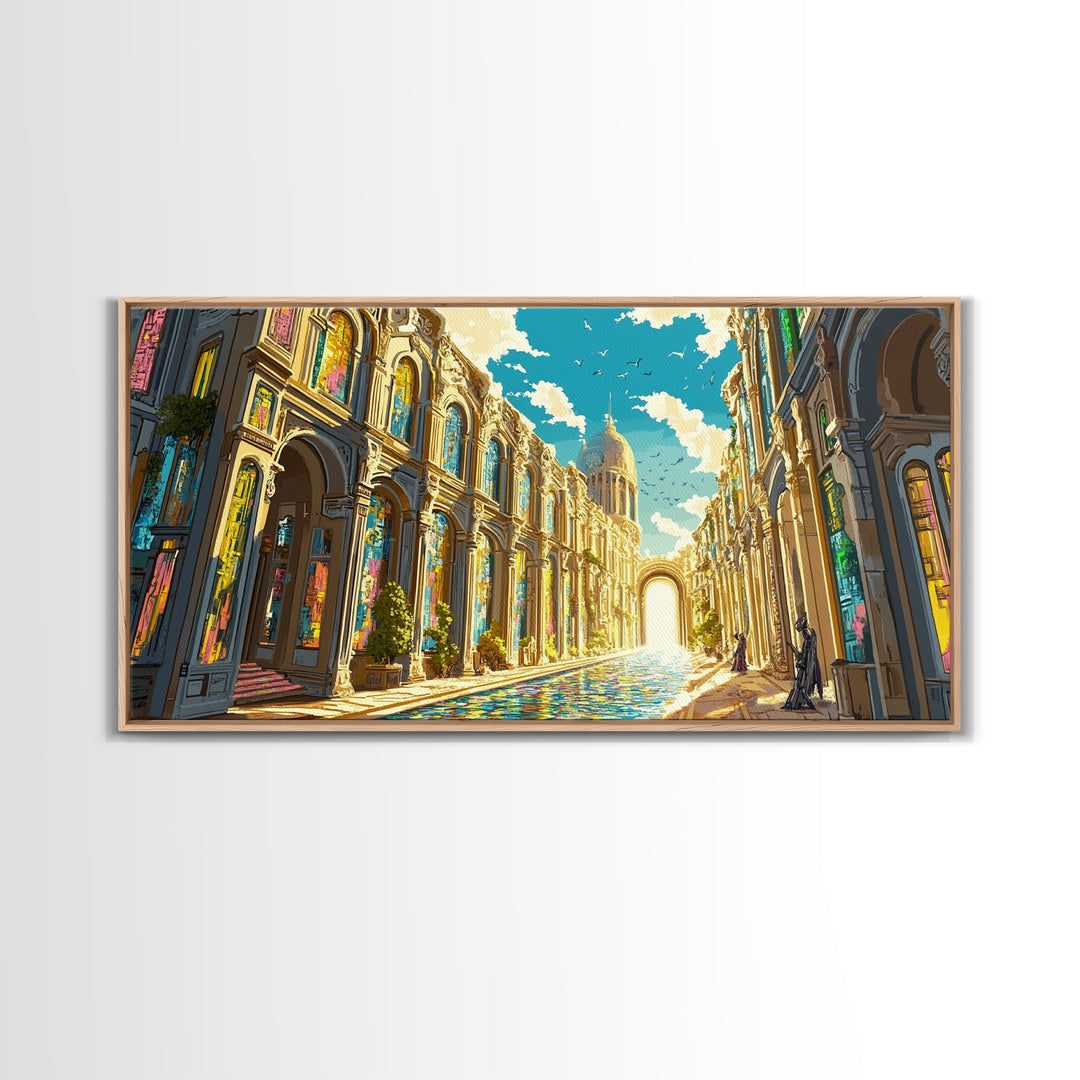 Ornate Sunlit Palace Canal Framed Canvas Print, European Wall Art, Fantasy Architecture Art, Living Room Decor, Large Wall Art