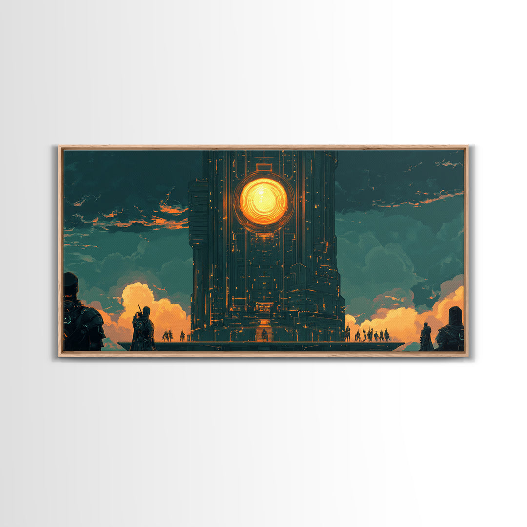 Dark Monolithic Sun Portal Framed Canvas Print, Sci Fi Wall Art, Futuristic Decor, Moody Office Art, Masculine Wall Decor