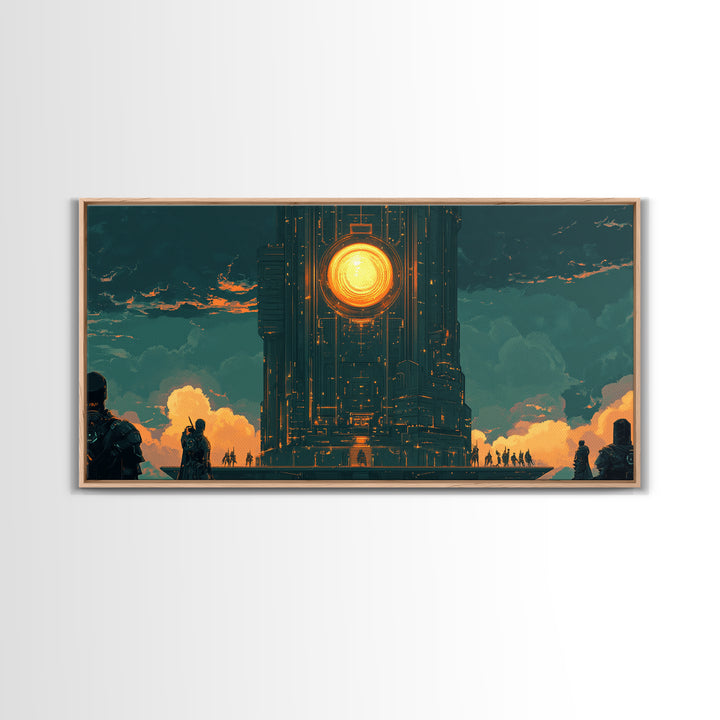 Dark Monolithic Sun Portal Framed Canvas Print, Sci Fi Wall Art, Futuristic Decor, Moody Office Art, Masculine Wall Decor
