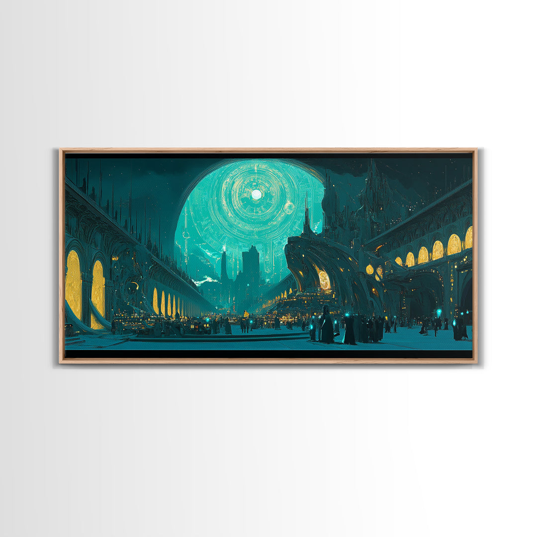 Teal Gothic Moonlit City Canvas Print, Sci Fi Wall Art, Celestial Decor, Futuristic Living Room Decor, Statement Artwork Gift