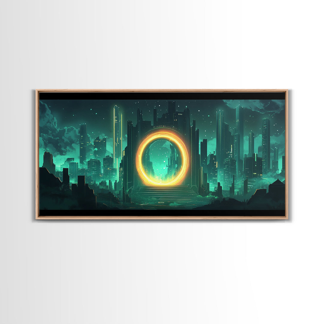 Emerald Futuristic City Ring Portal Canvas Print, Sci Fi Wall Art, Cyberpunk Decor, Modern Office Decor, Statement Gift For Him