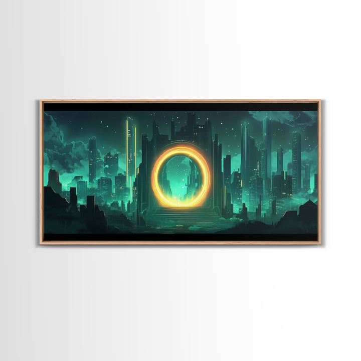 Emerald Futuristic City Ring Portal Canvas Print, Sci Fi Wall Art, Cyberpunk Decor, Modern Office Decor, Statement Gift For Him