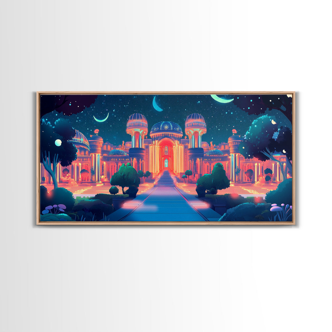 Neon Celestial Palace Under Crescent Moons Wall Art, Fantasy City Canvas Print, Maximalist Decor, Bedroom Wall Decor Gift