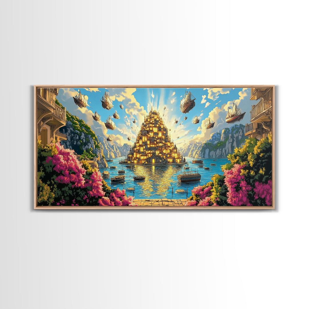 Golden Floating Island City Over Turquoise Sea Wall Art, Fantasy Landscape Canvas Print, Coastal Decor, Travel Poster Gift