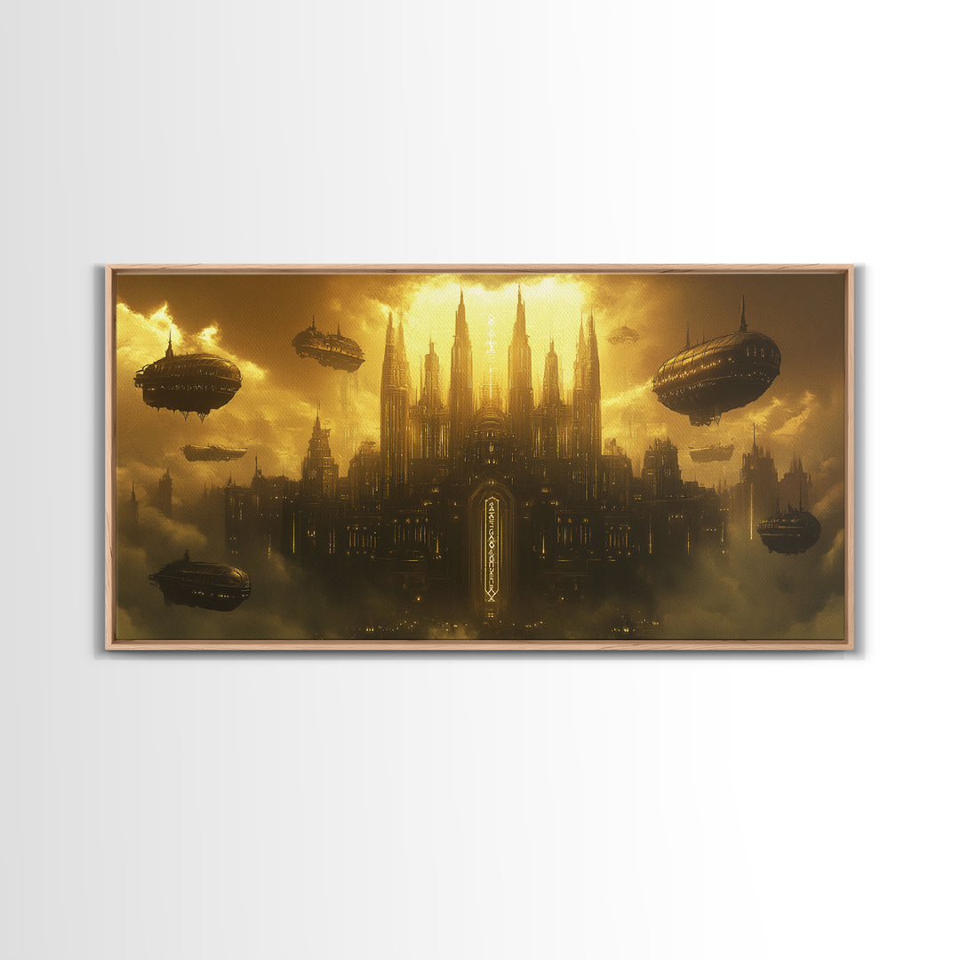 Dark Golden Sky Cathedral With Airships Wall Art, Gothic Fantasy Canvas Print, Moody Office Decor, Steampunk Home Decor Gift