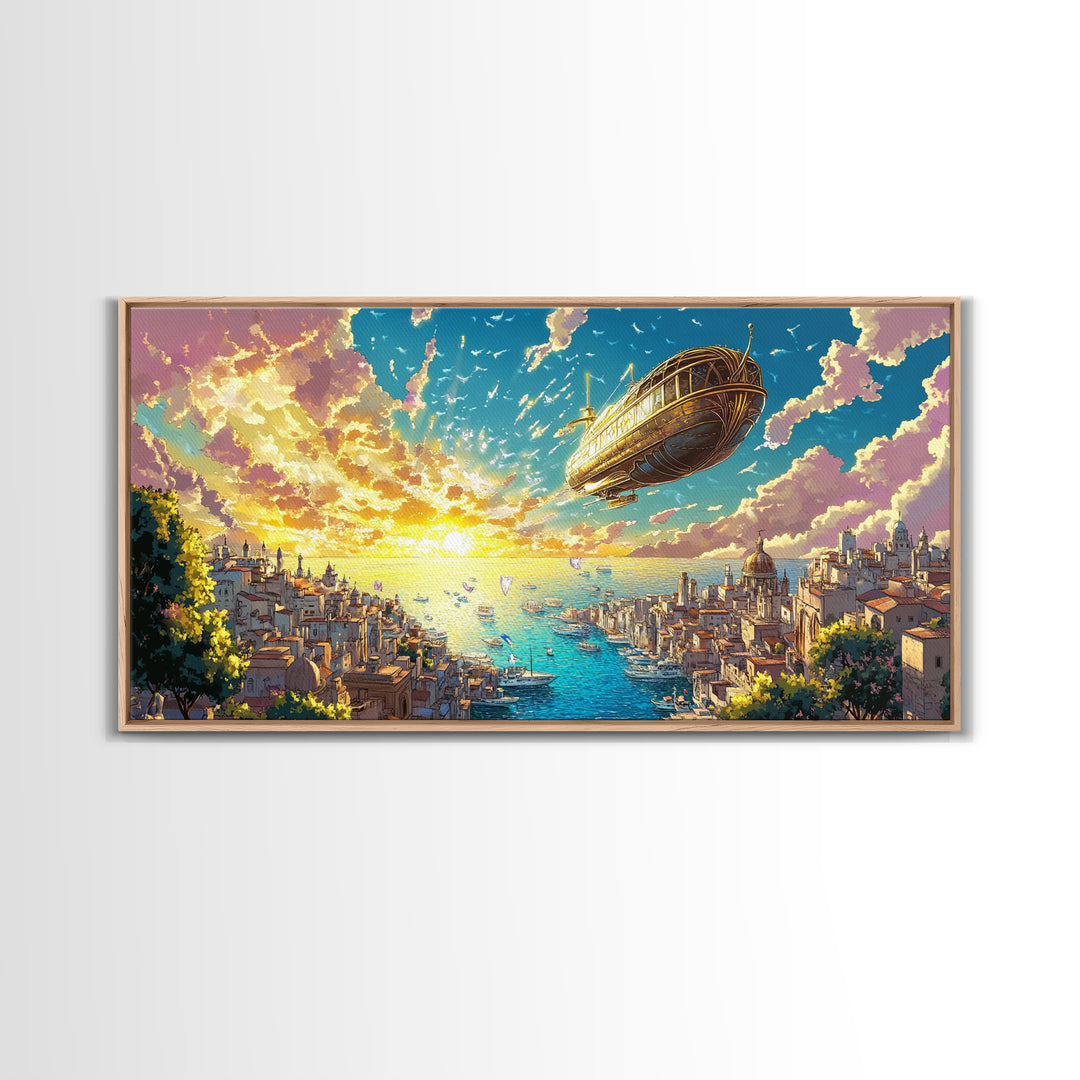 Sunset Harbor City With Golden Airship Wall Art, Mediterranean Canvas Print, Travel Poster, Coastal Living Room Decor Gift