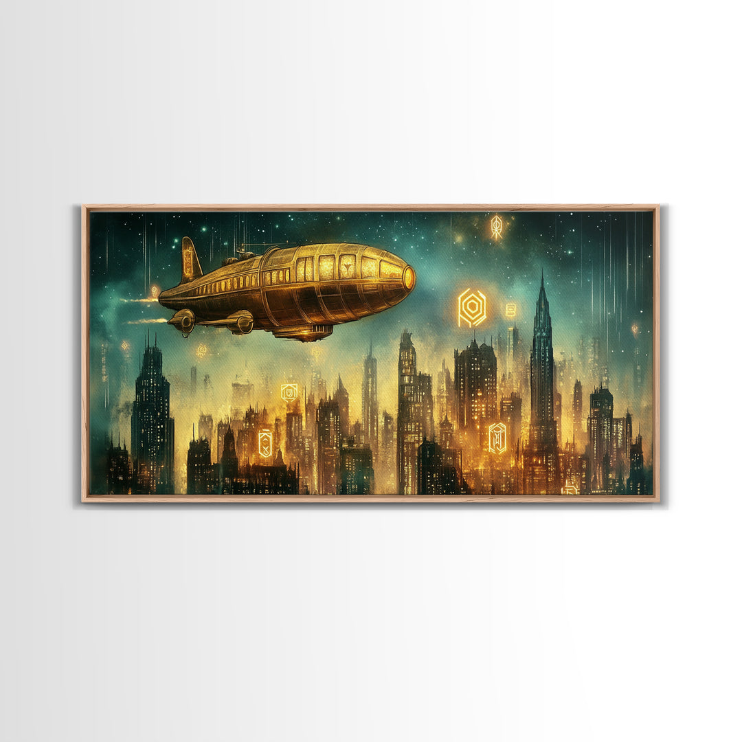 Golden Retro Airship Above Futuristic City Wall Art, Sci Fi Canvas Print, Cyberpunk Decor, Modern Office Wall Art Gift For Him