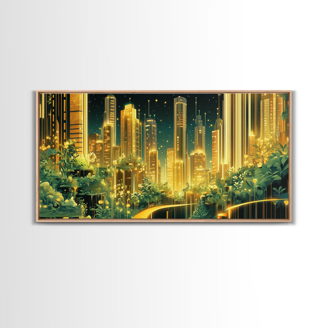 Luminous Garden Skyline In Golden Futuristic City Wall Art, Modern Canvas Print, Green Wall Decor, Home Office Decor Gift