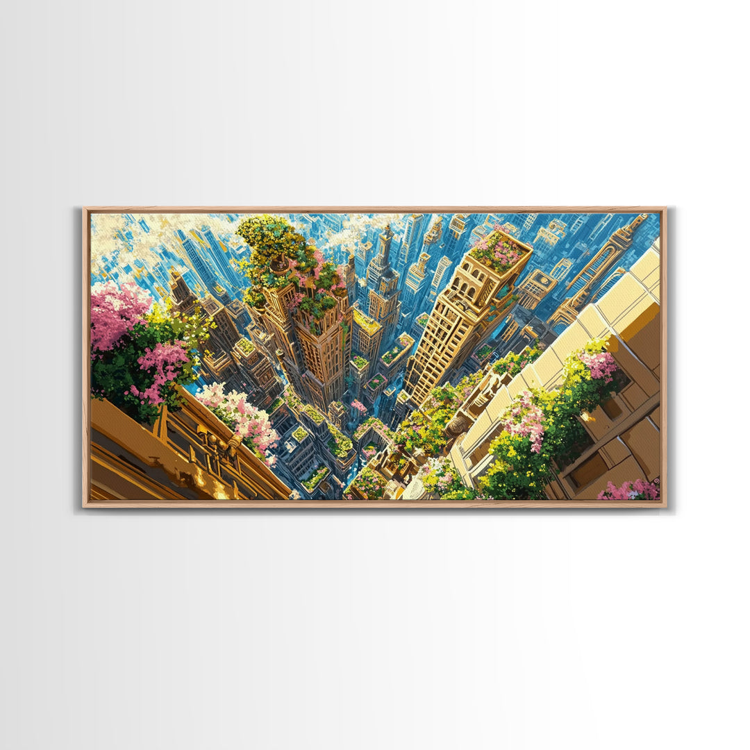 Aerial Skyscraper Gardens And Flowered Balconies Wall Art, Modern City Canvas Print, Urban Home Decor, Large Wall Art Gift