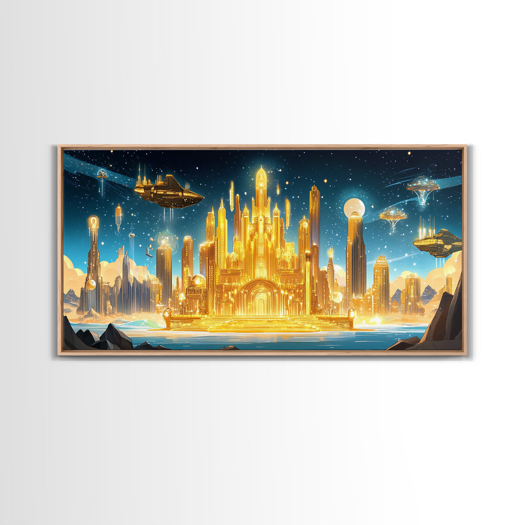 Radiant Golden Sci Fi Citadel Beneath Moonlit Sky Wall Art, Futuristic Canvas Print, Space Decor, Statement Wall Art Gift