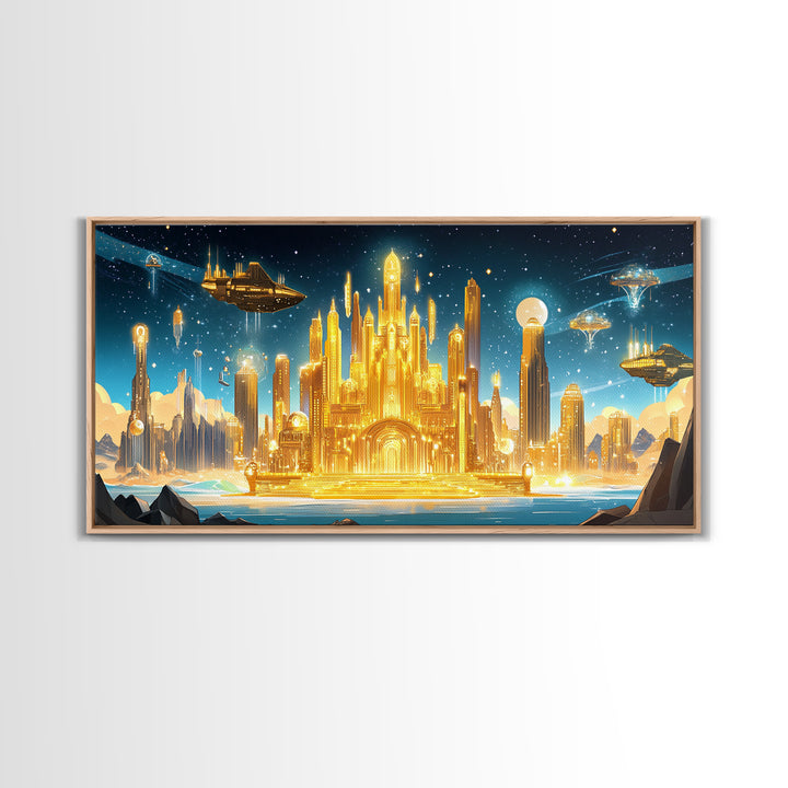 Radiant Golden Sci Fi Citadel Beneath Moonlit Sky Wall Art, Futuristic Canvas Print, Space Decor, Statement Wall Art Gift