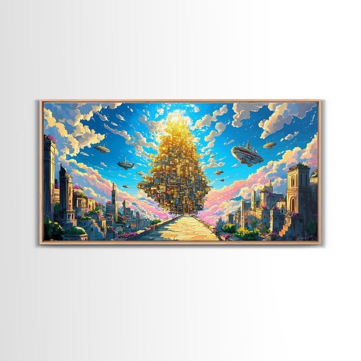 Floating Golden Pyramid City Above Ancient Ruins Wall Art, Fantasy Canvas Print, Surreal Landscape Art, Large Wall Decor