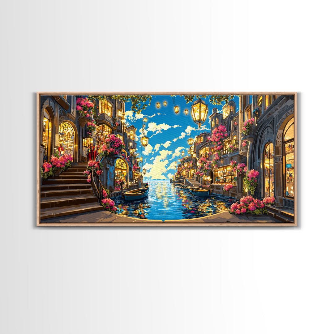 Flower Lined Canal Street With Lanterns Wall Art, Mediterranean Canvas Print, Coastal City Decor, Living Room Wall Art Gift