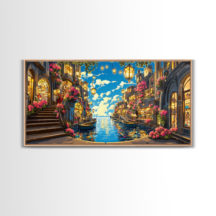 Flower Lined Canal Street With Lanterns Wall Art, Mediterranean Canvas Print, Coastal City Decor, Living Room Wall Art Gift