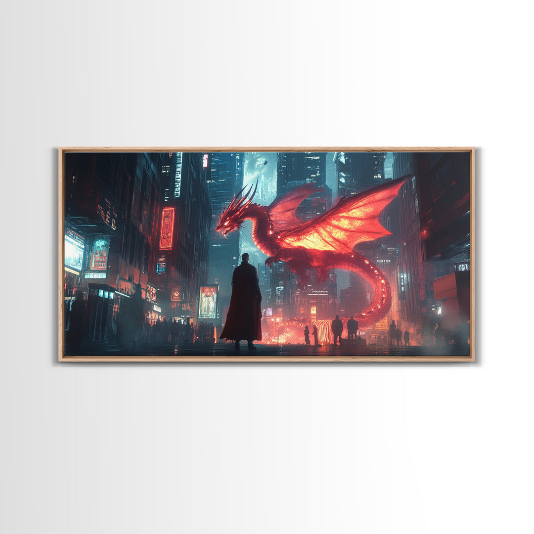 Neon Cyberpunk Dragon City Wall Art, Futuristic Sci Fi Fantasy Poster, Gaming Room Decor, Dystopian Urban Canvas Print Gift