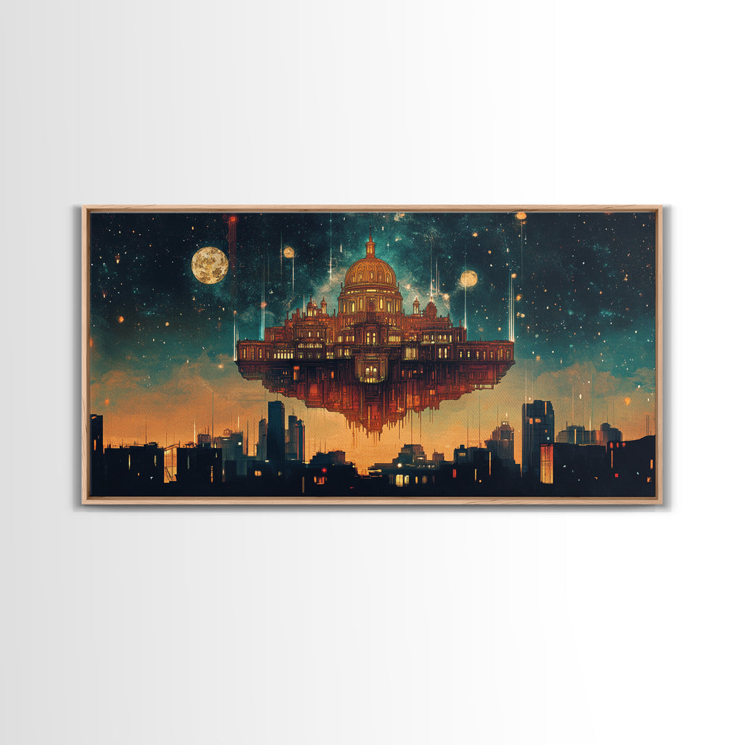 Floating Celestial Palace Wall Art, Starry Futuristic Cityscape, Surreal Architecture Framed Canvas Print, Office Decor Gift