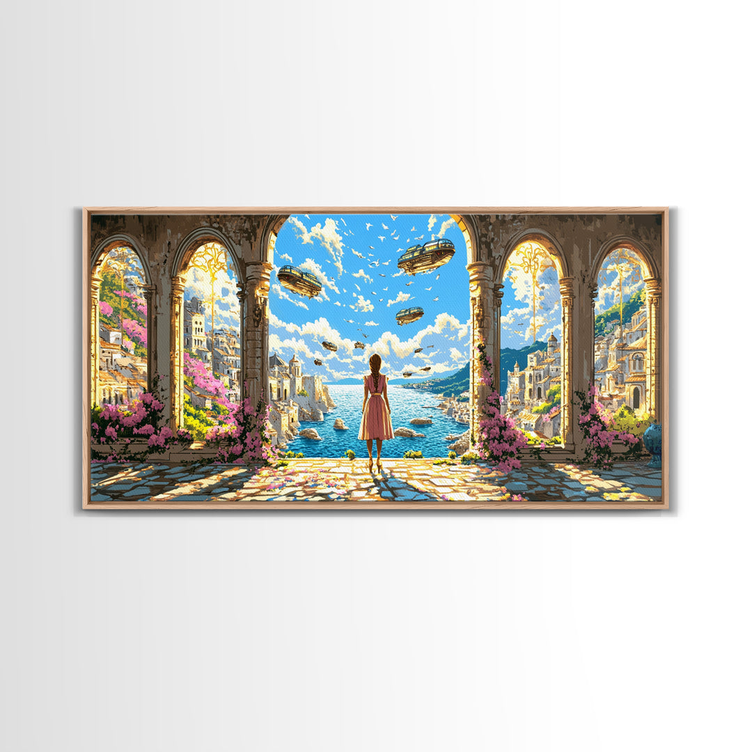 Arched Seaside Portal With Airships Framed Canvas Print, Fantasy Coastal Wall Art, Dreamy Travel Home Decor, Gift For Her