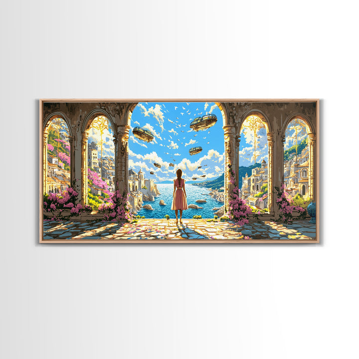 Arched Seaside Portal With Airships Framed Canvas Print, Fantasy Coastal Wall Art, Dreamy Travel Home Decor, Gift For Her