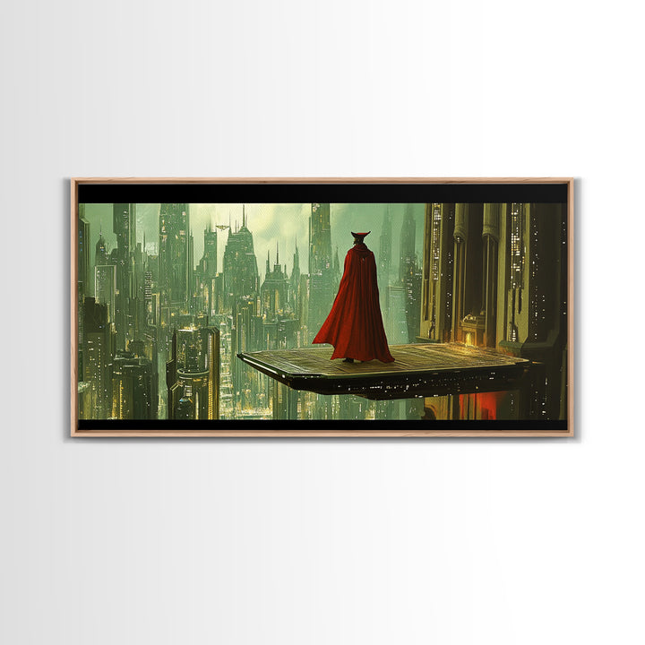 Red Cloaked Figure Above Futuristic City Wall Art, Sci Fi Fantasy Canvas Print, Dystopian Skyline, Modern Office Decor Gift