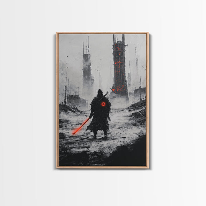 Dark Cyberpunk Warrior In Snowy Dystopian City Wall Art, Sci Fi Fantasy Poster, Futuristic Office Decor, Gamer Room Gift For Him