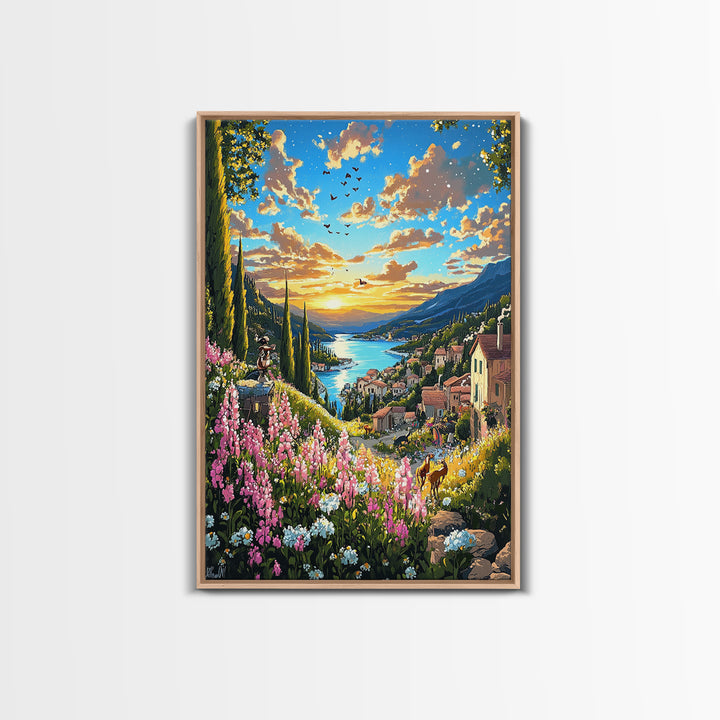 Sunset Lake Como Village With Wildflowers Canvas Print, Italian Landscape Wall Art, Mediterranean Travel Home Decor Gift For Her