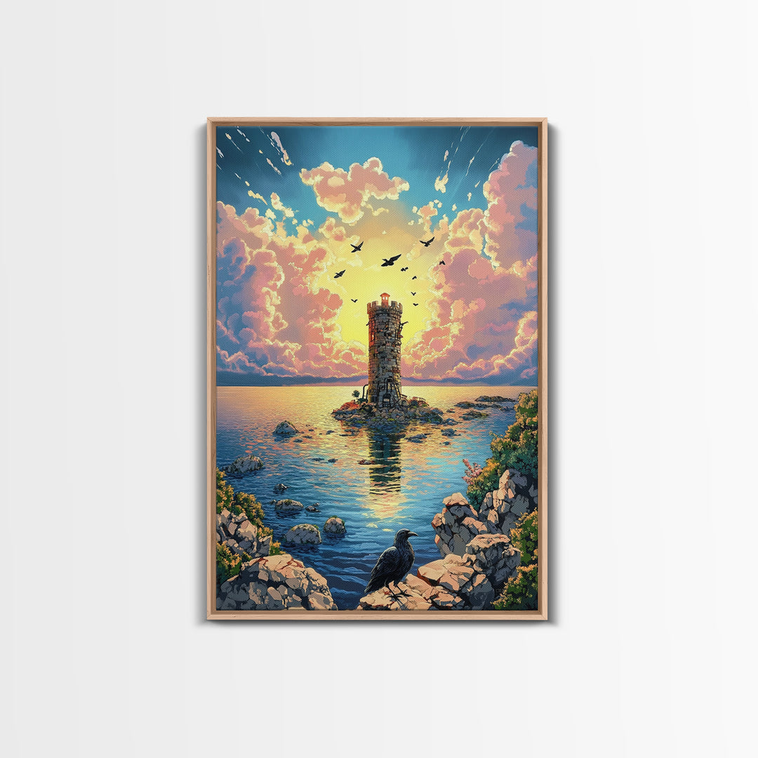 Sunset Lighthouse On Calm Sea With Raven Wall Art, Coastal Fantasy Canvas Print, Ocean Landscape Poster Home Decor Gift For Her
