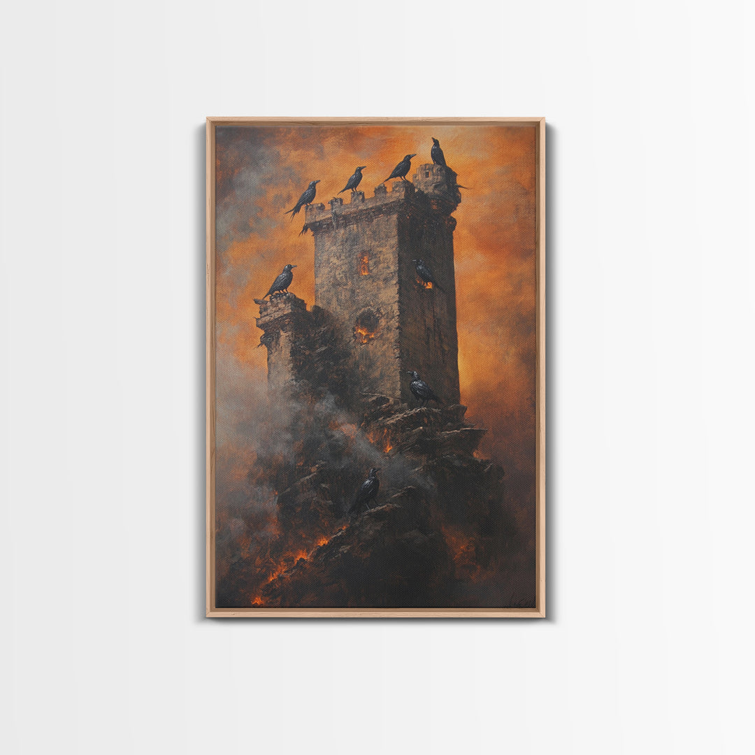 Burning Stone Tower With Black Ravens Framed Canvas Print, Gothic Dark Fantasy Wall Art, Moody Raven Castle Decor Gift For Him