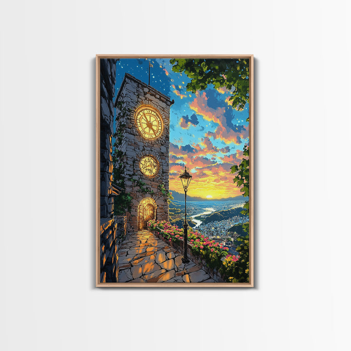 Glowing Clock Tower Over Coastal Village Canvas Print, Mediterranean Landscape Wall Art, Italy Travel Poster Home Decor Gift