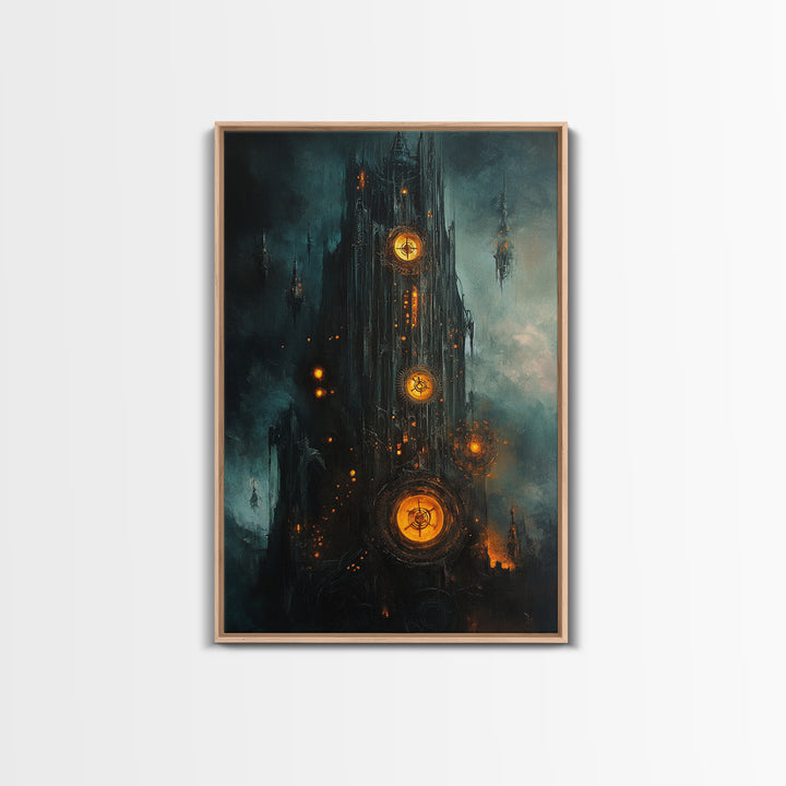 Dark Clockwork Gothic Tower With Glowing Gears Wall Art, Steampunk Fantasy Canvas Print, Moody Industrial Decor Gift For Him