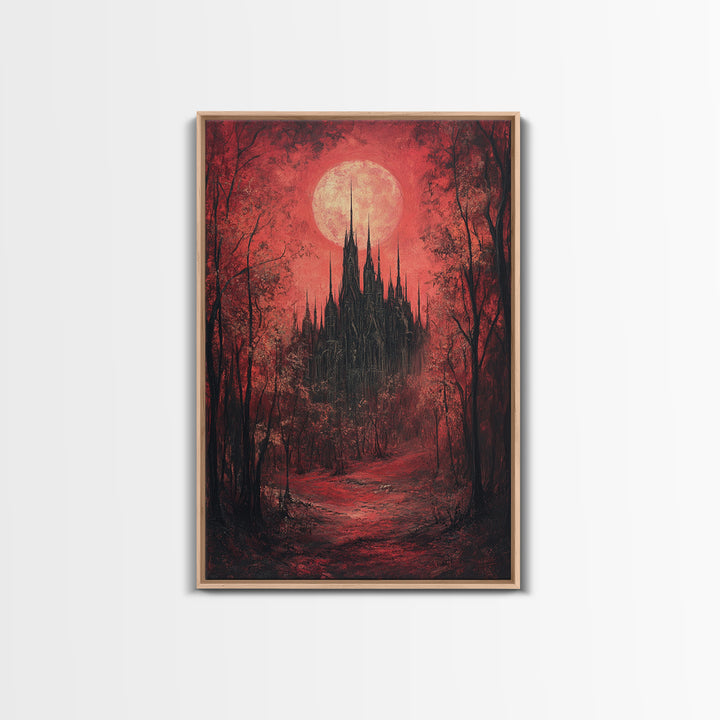 Red Moon Gothic Castle In Dark Forest Wall Art, Romantic Gothic Framed Canvas Print, Moody Halloween Bedroom Decor Gift For Her