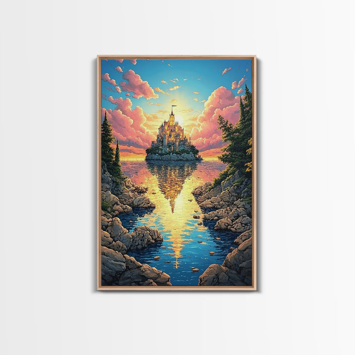 Island Castle Reflected In Cove, Fantasy Wall Art, Colorful Coastal Landscape Canvas Print, Whimsical Home Decor Gift Idea