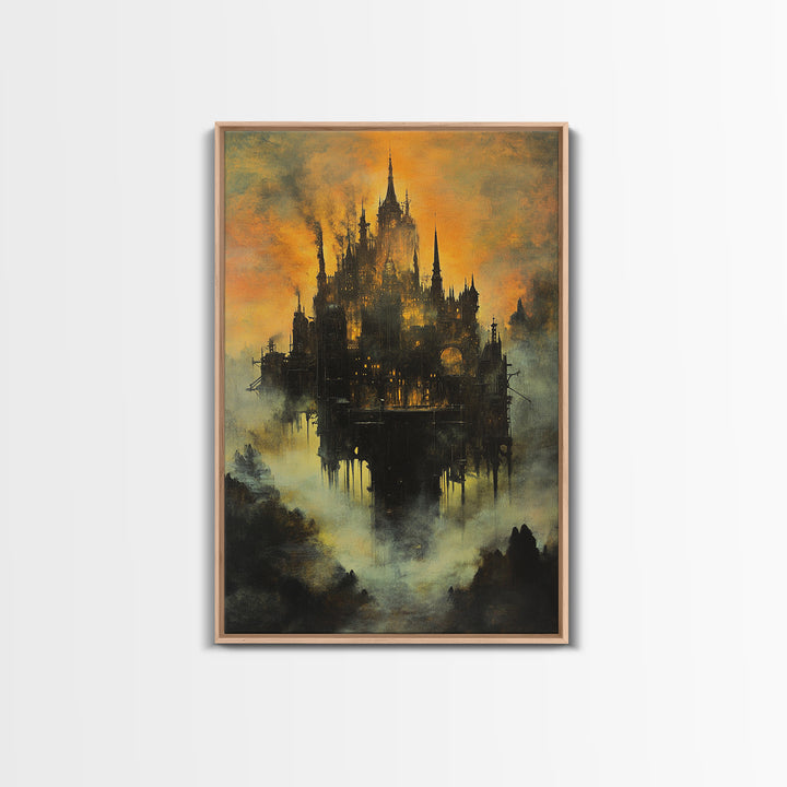 Moody Castle In Golden Mist, Dark Fantasy Framed Canvas Print, Gothic Wall Art, Dark Academia Living Room Decor Gift For Him
