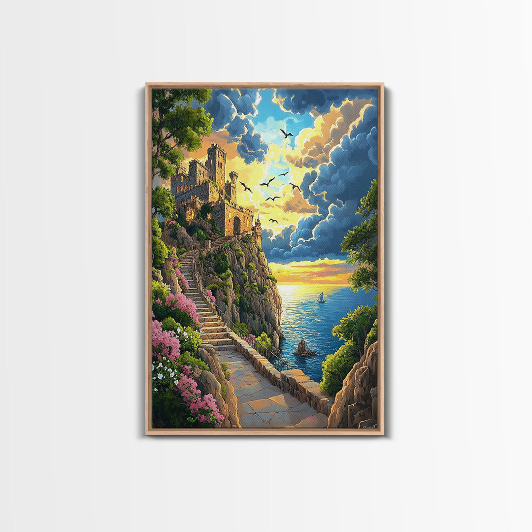Seaside Ruins Stairway At Sunset, Coastal Wall Art, Castle Landscape Canvas Print, Whimsical Mediterranean Home Decor Gift