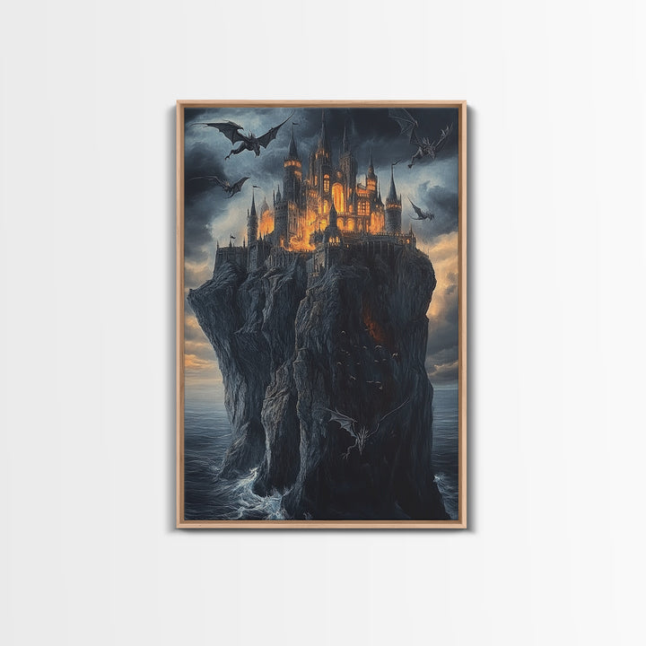 Gothic Dragon Castle On Sea Cliff Framed Canvas Print, Dark Fantasy Wall Art, Medieval Decor, Moody Castle Art Gift, Gothic Wall Decor