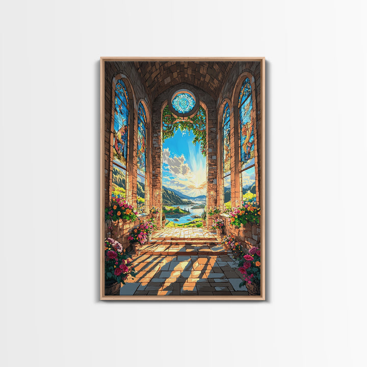 Cathedral Window Lake Vista Framed Canvas Print, Stained Glass Wall Art, Floral Garden Decor, Serene Coastal Landscape Art