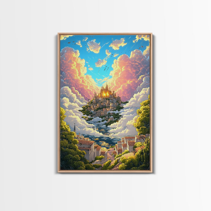 Heavenly Cloud City Above Coastal Village Canvas Print, Fantasy Wall Art, Colorful Landscape Decor, Dreamy Sunlit Poster