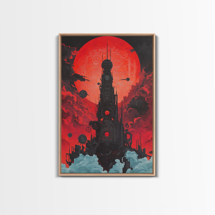 Red Moon Futuristic Tower Wall Art, Dark Sci Fi Cityscape Poster, Cyberpunk Gothic Decor For Gaming Room And Office Decor