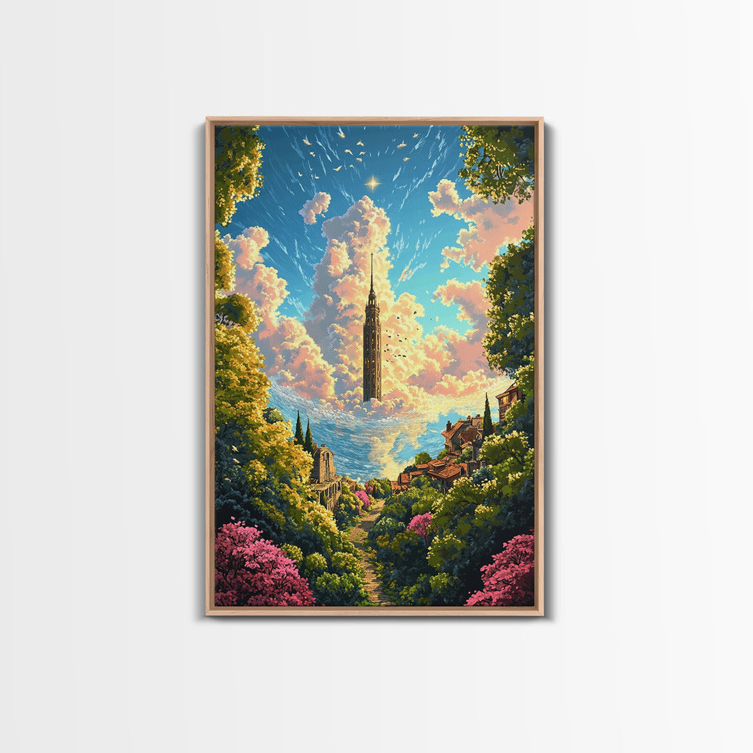 Floating Cloud Tower Canvas Print, Whimsical Fantasy Landscape Wall Art, Dreamy Garden Decor For Bedroom And Nursery Gift