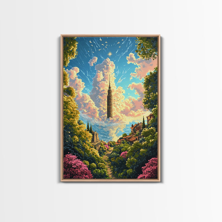 Floating Cloud Tower Canvas Print, Whimsical Fantasy Landscape Wall Art, Dreamy Garden Decor For Bedroom And Nursery Gift