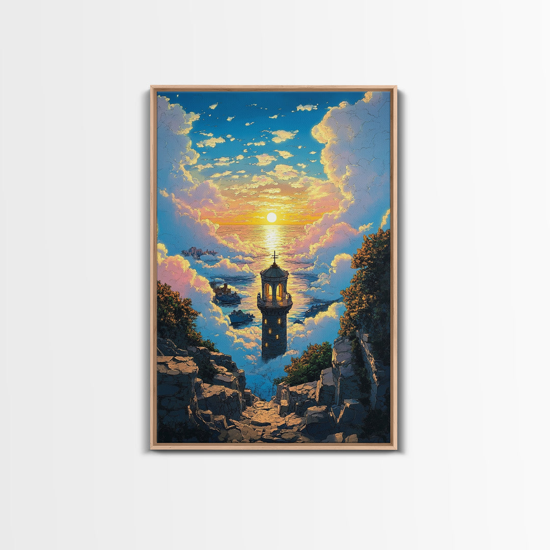 Sunset Sea Tower Canvas Print, Dreamy Cloud Ocean Landscape Wall Art, Coastal Fantasy Decor For Bedroom And Living Room Gift