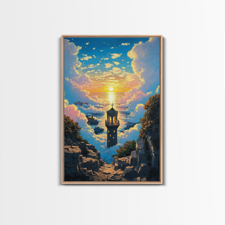 Sunset Sea Tower Canvas Print, Dreamy Cloud Ocean Landscape Wall Art, Coastal Fantasy Decor For Bedroom And Living Room Gift